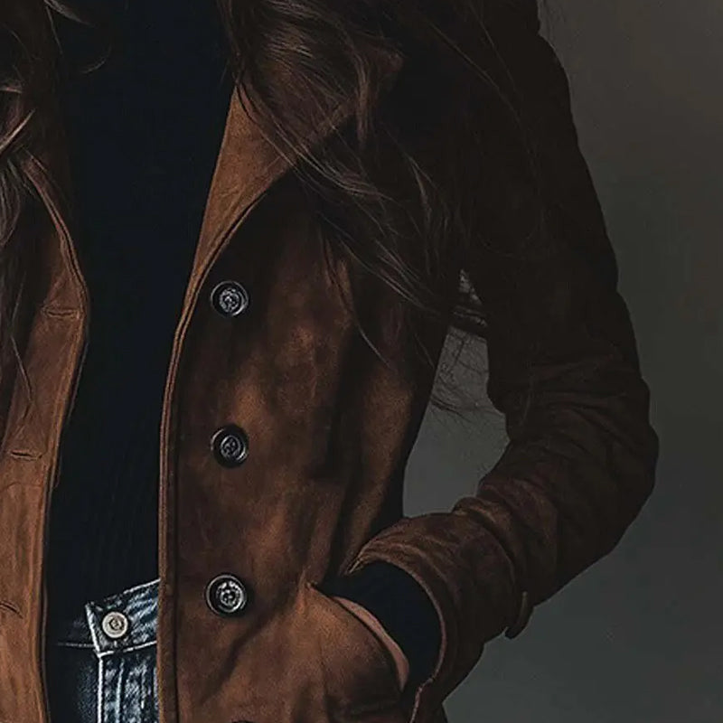 Irena | Długa Wegańska Kurtka z Efektem Zamszu